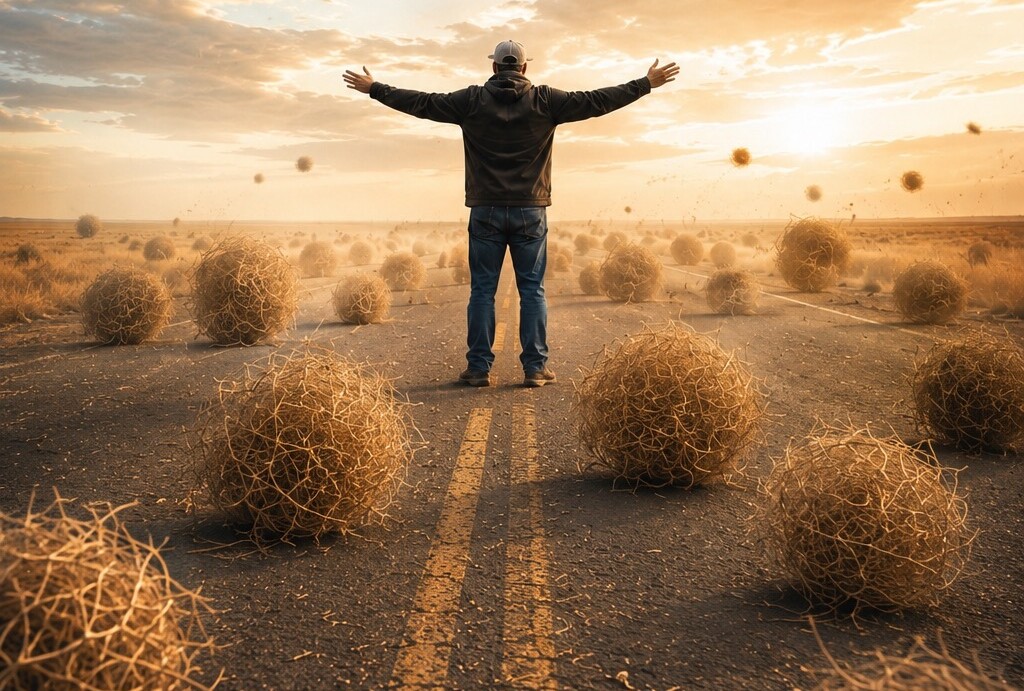 Dave standing with outstretched arms on a road filled with tumbleweeds